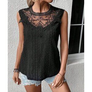 Black Boho Embroidered‎ Lace Knit Tunic Tank Top Cut Out Sleeveless Shirt Blouse